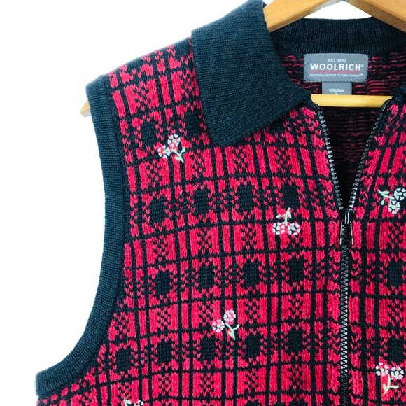 NEW Woolrich Women’s Cardigan Vest Sz Large Full Zip Plaid Daisies Ruby Red NWT - Picture 4 of 10